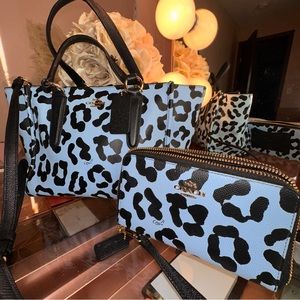Coach Black and Blue Leopard Mini Tote bag w/matching wallet